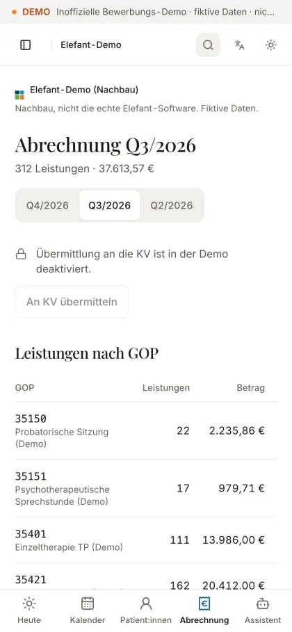 Abrechnungsseite Q3/2026 auf dem Handy: 312 Leistungen mit Summe, deaktivierte KV-Übermittlung und Leistungen nach GOP.