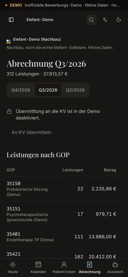 Abrechnungsseite Q3/2026 auf dem Handy: 312 Leistungen mit Summe, deaktivierte KV-Übermittlung und Leistungen nach GOP.