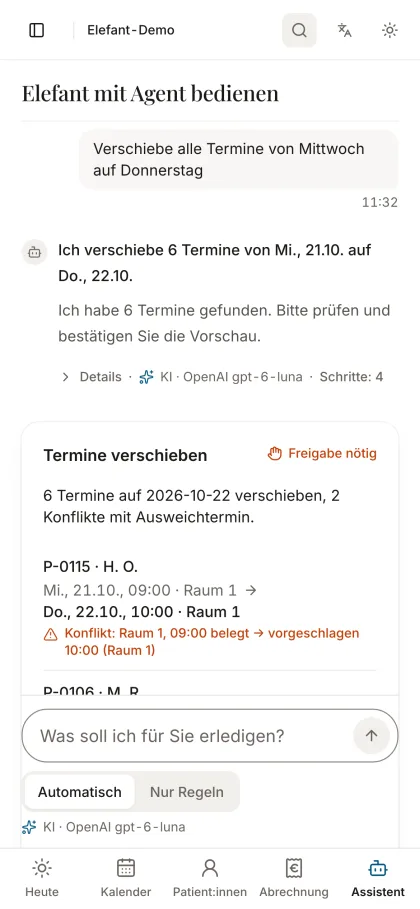Assistent auf dem Handy mit dem Verschiebe-Befehl und einer Vorschau: sechs Termine, zwei Konflikte mit Ausweichtermin.