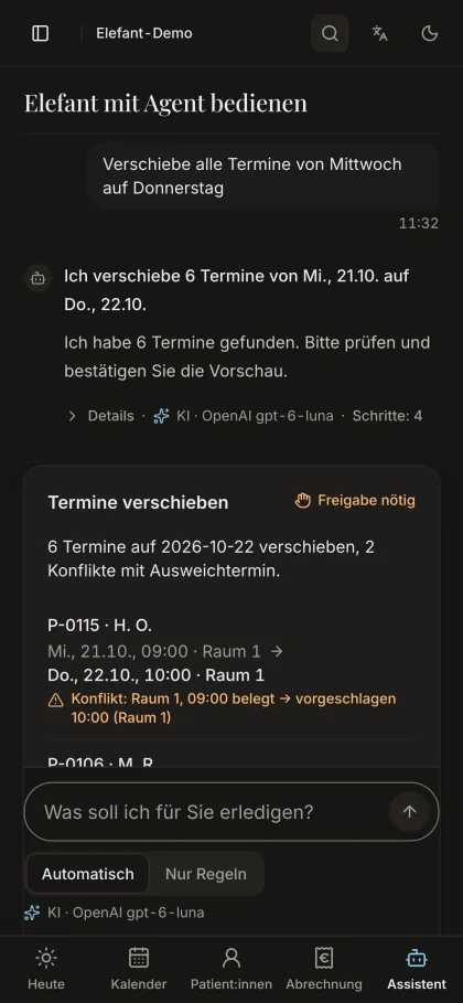 Assistent auf dem Handy mit dem Verschiebe-Befehl und einer Vorschau: sechs Termine, zwei Konflikte mit Ausweichtermin.
