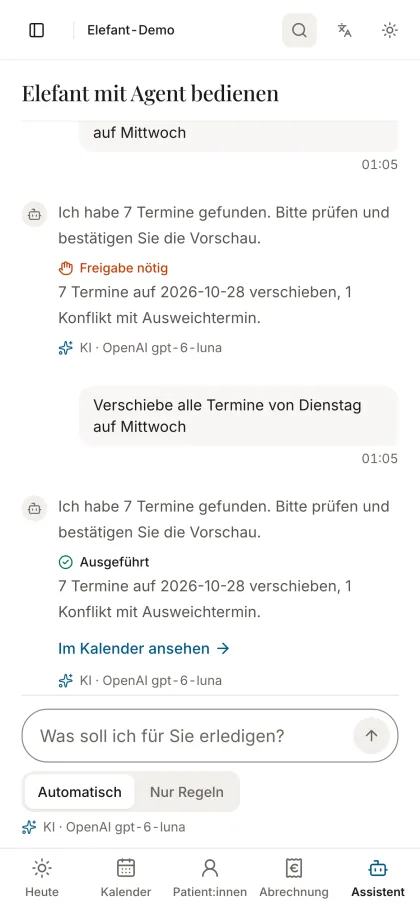 Assistent nach der Bestätigung: Verschiebung als ausgeführt markiert, mit Verweis zum Kalender.