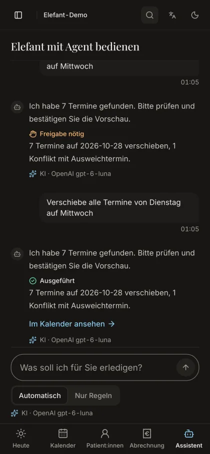 Assistent nach der Bestätigung: Verschiebung als ausgeführt markiert, mit Verweis zum Kalender.