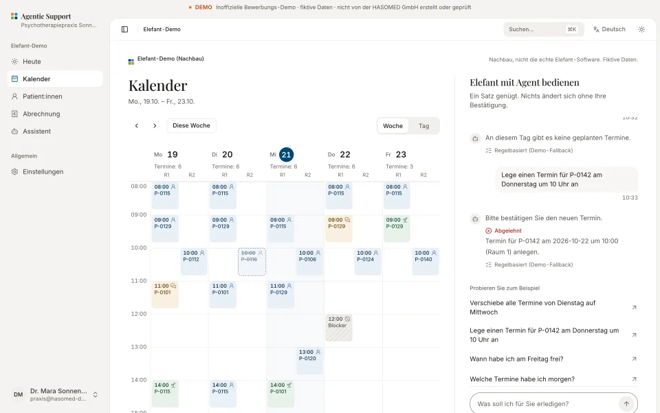 Elefant-Demo am Desktop: Wochenkalender mit angedocktem Assistenten, Verlauf und Beispielbefehlen.