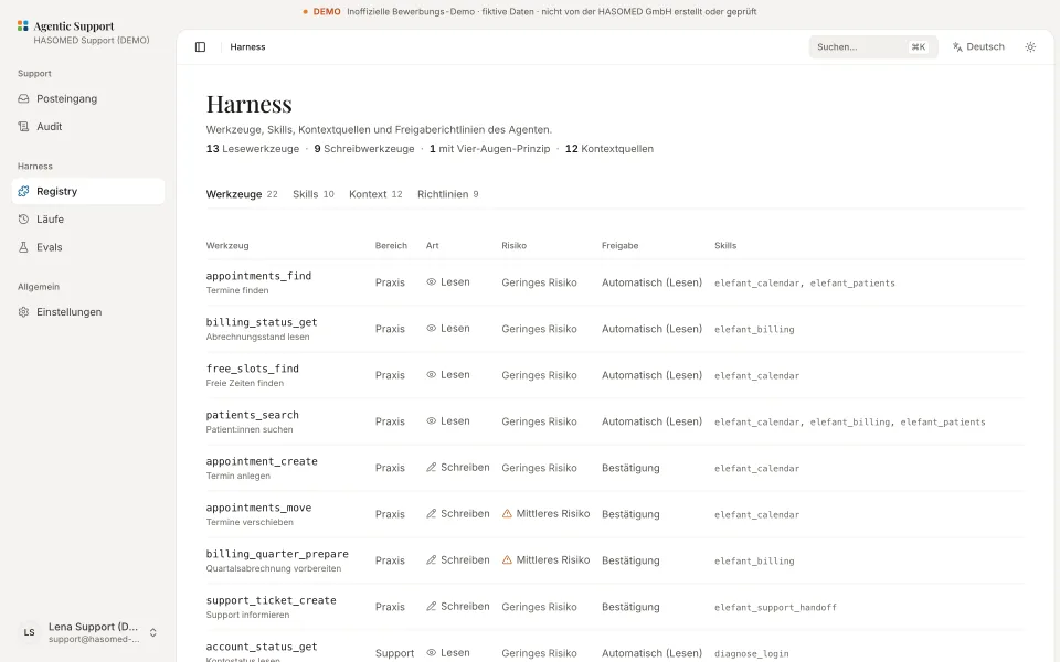 Harness am Desktop: Werkzeug-Registry mit Bereich, Art, Risiko, Freigaberegel und Skills.