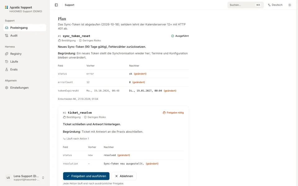 Support-Konsole am Desktop: der Plan zu Ticket DEMO-1004 mit einer ausgeführten Aktion samt Vorher-Nachher und einer zweiten, die auf Freigabe wartet.