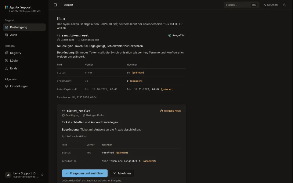 Support-Konsole am Desktop: der Plan zu Ticket DEMO-1004 mit einer ausgeführten Aktion samt Vorher-Nachher und einer zweiten, die auf Freigabe wartet.