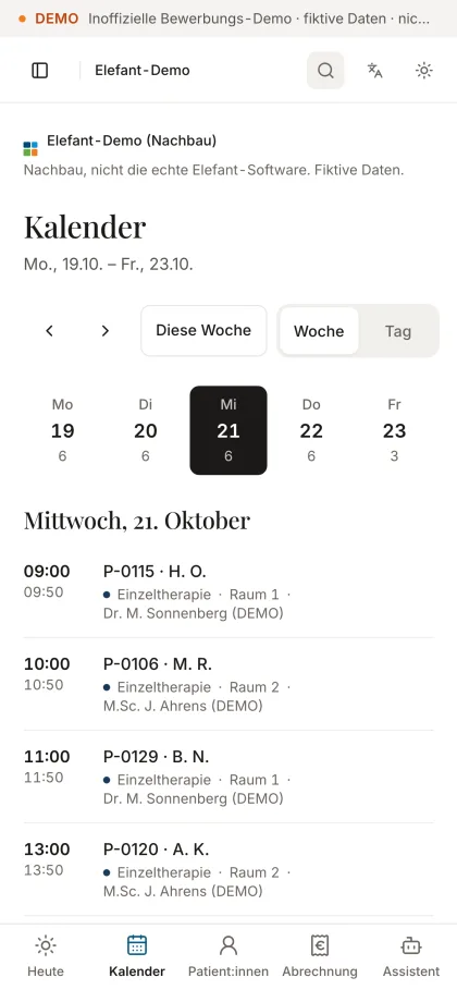 Kalender der Elefant-Demo auf dem Handy: Tagesansicht Mittwoch mit sechs Sitzungen.