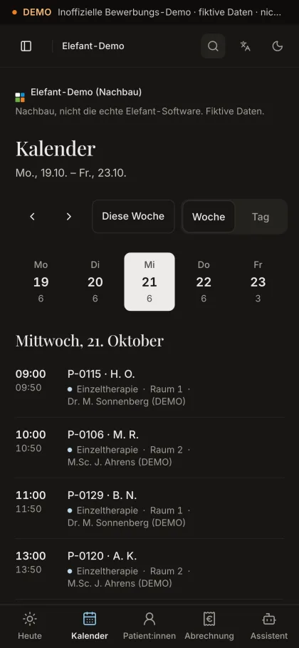 Kalender der Elefant-Demo auf dem Handy: Tagesansicht Mittwoch mit sechs Sitzungen.